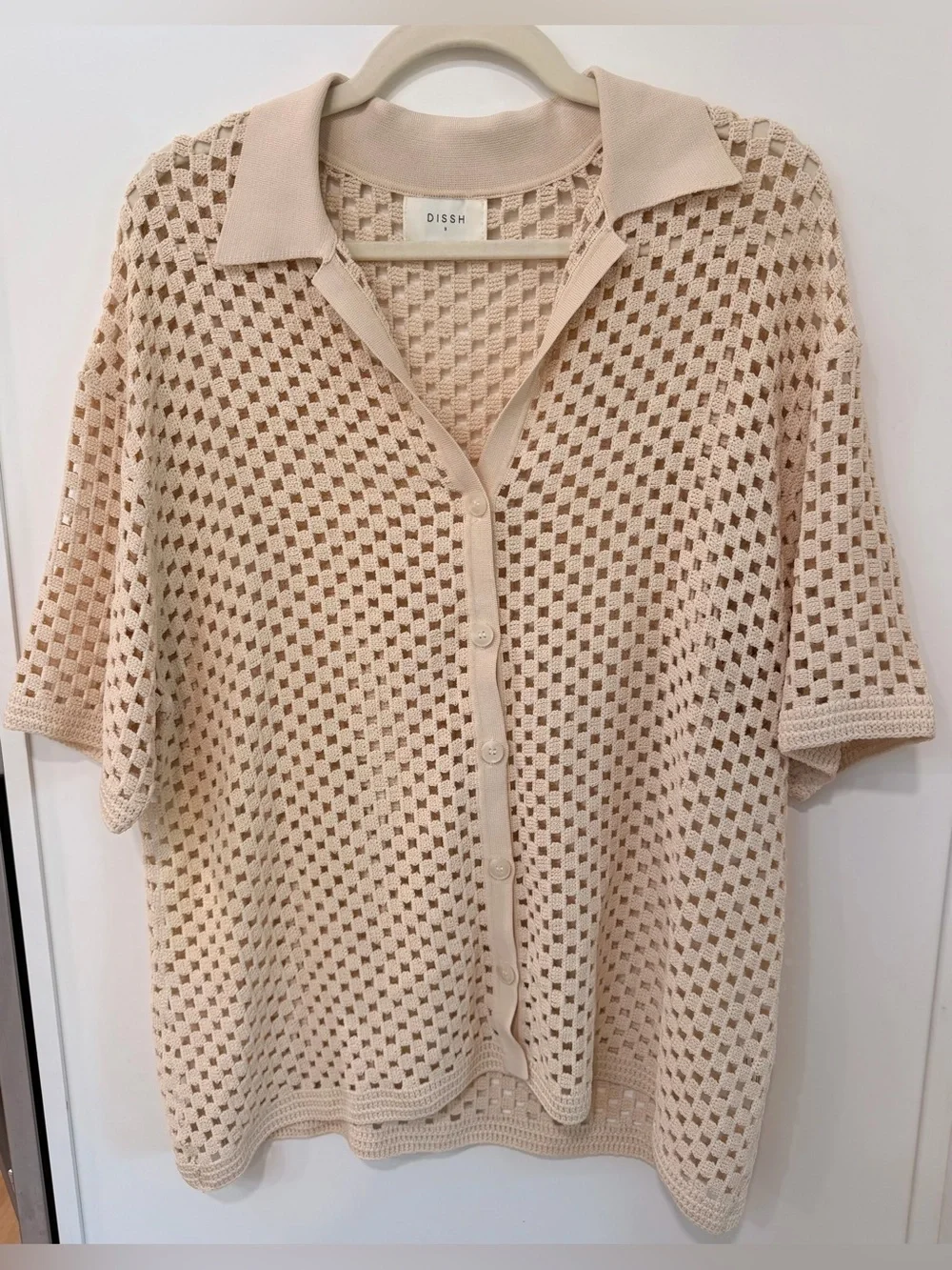 DISSH Sonny beige Crochet Open-Knit Button Shirt Cover-Up size small